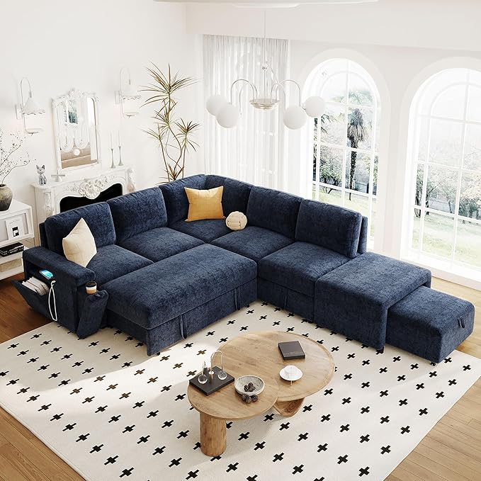 Convertible Sleeper Sectional Sofa with Pull-Out Bed and Storage Space &amp Ottoman Armrest w/USB Ports &amp Cup Holders Corner 6 Person L-Shape Modular Couch for Living Room Apartment (Blue)