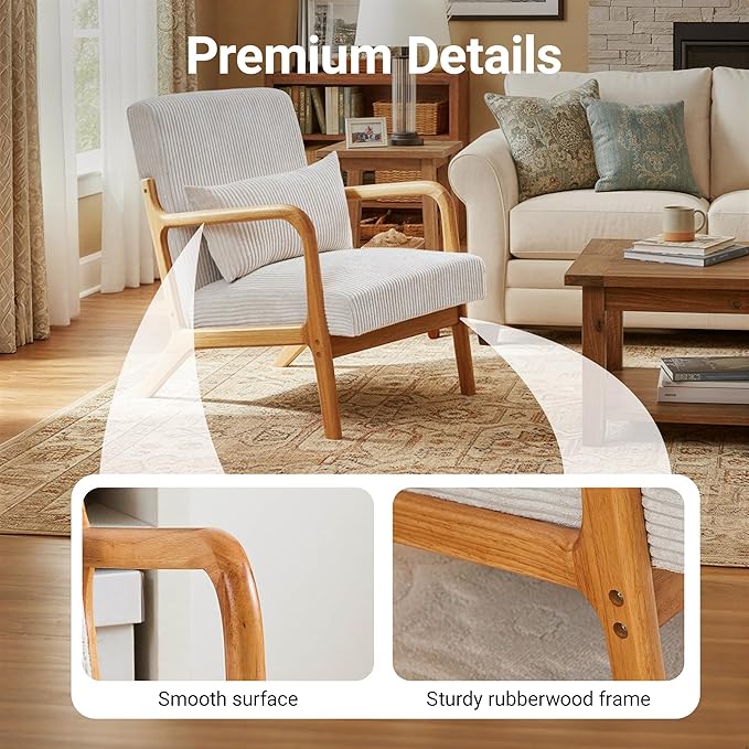 Accent Chair Comfy Arm Chair with Solid Wood Frame Upholstered Mid-Century Modern Chair for Living Room Bedroom Waiting Room Beige