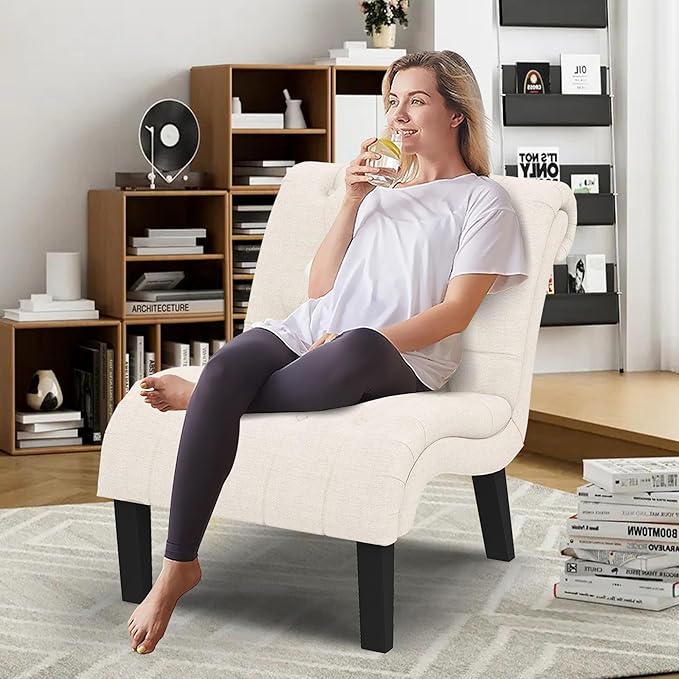 Yongqiang Accent Chairs Set of 2 Mid Century Modern Tufted Upholstered Chair for Living Room Bedroom Curved Armless Side Chairs with Wood Legs Linen Fabric