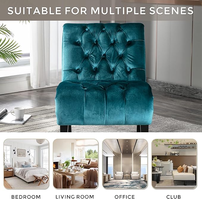 Modern Velvet Armless Accent Living Room Chair Leisure ChairUpholstered Fabric Button Comfortable Chair with Wooden Legs for Bedroom Living Room Office (Teal Velvet)