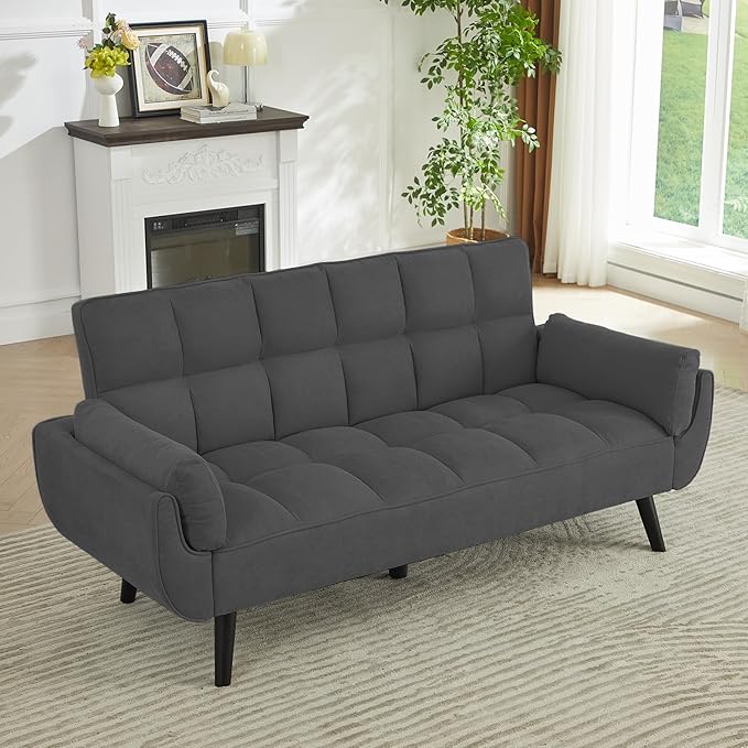 Sofa Couch for Living Room 74.8 Linen Tufted Modern Comfy Couch with Pillow-Top Armrest 3 Seater Upholstered Sofa for Small Spaces Office Apartment Dark Gray
