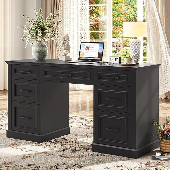 Vabches Farmhouse 59'' Executive Desk with File DrawersLarge Wood Home Office Workstation with Ample StorageRustic Writing Desk for Study.Black