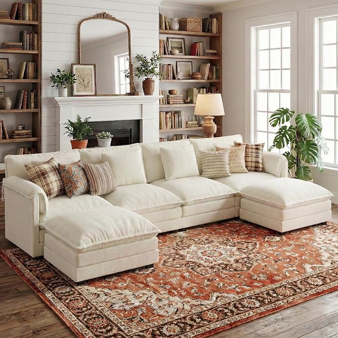 ELUCHANG 150'' Modular Sectional Cloud Couch Modern Comfy Chenille U Shaped Deep Seat Sofa for Living Room Upholstered 6-Seats Sofa Couch with Movable Ottoman Cream White | Convertible Easy to Ass