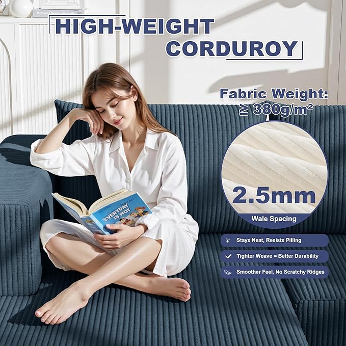 108 Boneless Couches for Living Room Modular Cloud Couch Sofa - L Shap Corduroy Sectional Sofa Fluffy Memory Foam Sleeper Sofa Furniture No Assembly Wide Armrest Navy Blue