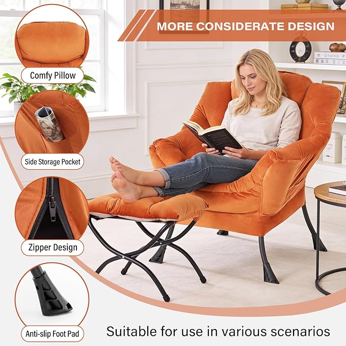 Lazy Chair with Folding Ottoman Modern Accent Armchair with Armrests Side Pocket &amp Foldable Footstool Reading Chair for Living Room Bedroom Dorm &amp Office Velvet Orange