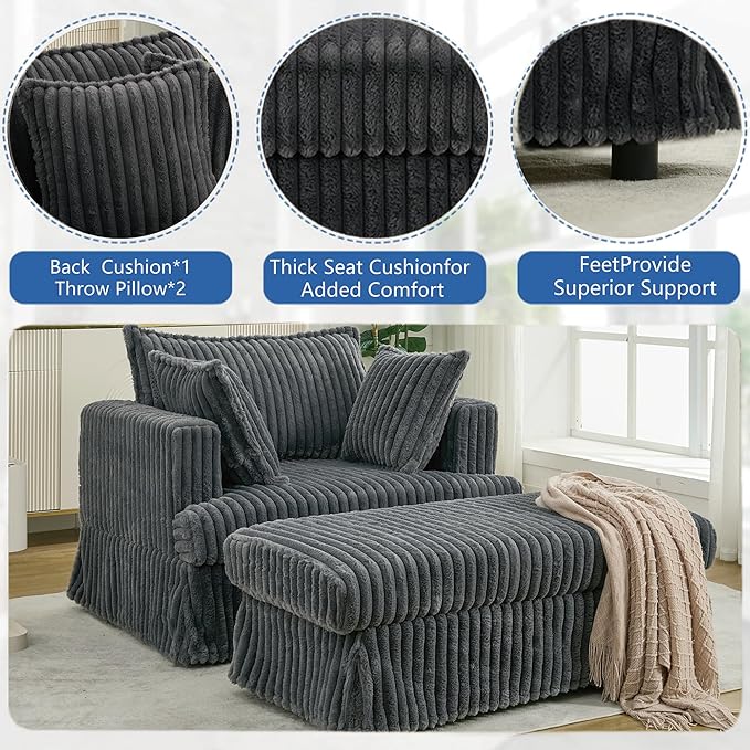 Eafurn Corduroy Accent Chair with Movable Ottoman 47.8 Oversized Reading Chair Lounge Armchair for Living Room Bedroom Small Space Modern Single Sofa Couch