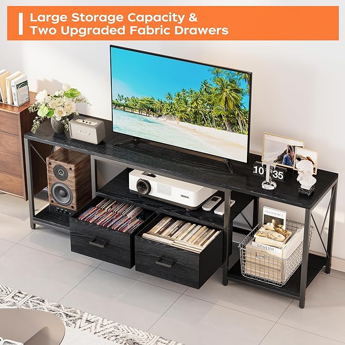 Homeiju TV Stand for TVs up to 75 Inch Entertainment Center with Fabric Drawers TV Media Console Table with Open Storage Shelves for Living Room Bedroom Black