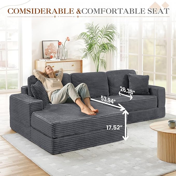 112.6 Oversized Fold Out Couch Bed King 3 in 1 Convertible Modern L Shape Cloud Modular Sectional Comfy Boneless Foam Couch Futon for Living Room No Assembly(Grey CorduroyRight Facing Chaise)