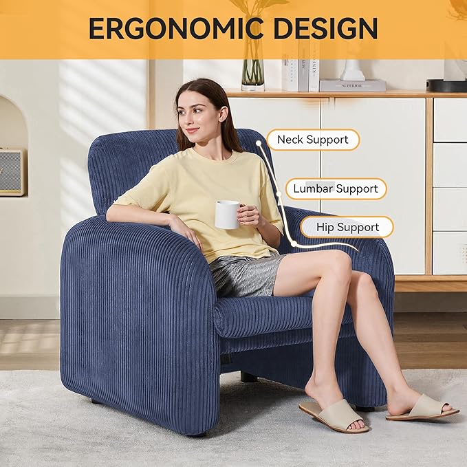 Modern Accent Chair Comfy Upholstered Corduroy Armchair Stylish Lounge Reading Chair for Living Room Bedroom Blue