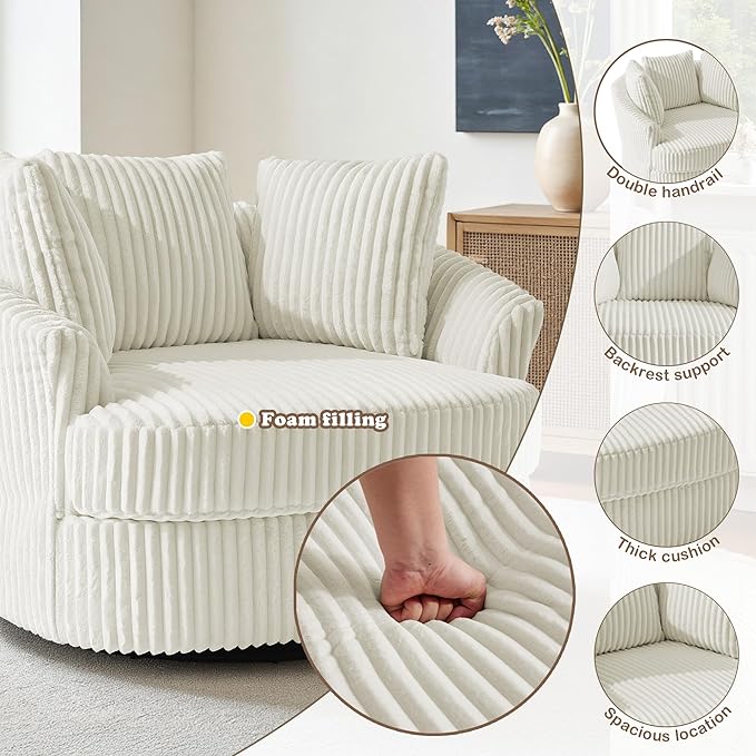 Oversized Round Swivel Barrel Accent Chair with Pillows Comfy Modern Chaise Lounge Sofa Indoor for Living Room Bedroom (Beige Set of 1)