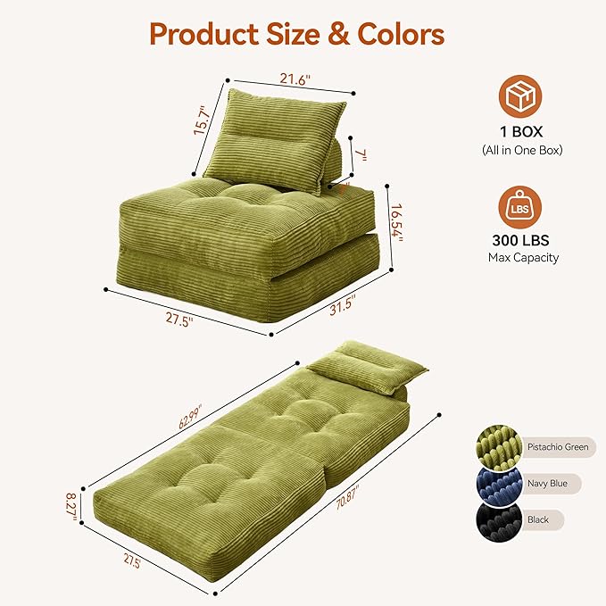Folding Sofa Bed Fold Out Chair Bed with Pillow Convertible Sleeper Chair for Living Room/Small Spaces Foldable Lazy Sofa Bed Floor Chair Comfy Corduroy Couch Bed Pistachio Green