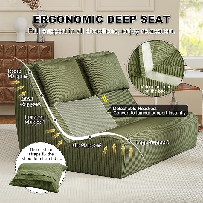 Giant Bean Bag Chair for Adults - Indoor Chaise Lounge with Pillows &amp Ottomans Upholstered Loveseat Floor Sofa Chair for Reading Gaming Napping and Movies (Olive Green)
