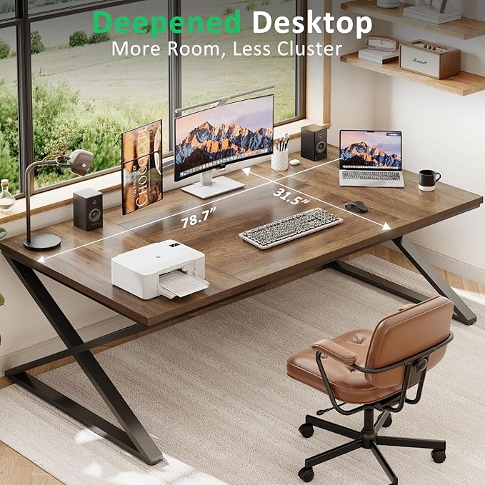 IBF Large Computer Desk 78.7” Extra Long Home Office Desk Wood Metal Work Desk for Study Writing Farmhouse Simple Wide Double PC Gaming Computer Table Executive Workstation in Bedroom Rustic Oak