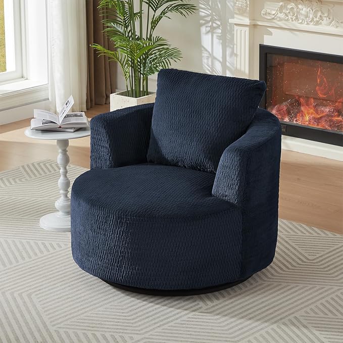 35 W Light Blue Chenille Swivel Accent Barrel Chair Comfy Round Accent Sofa Chair 360 Rotation Degree Club Chair Leisure Arm Chair for Nursery Bedroom Living Room Lounge Hotel Office (Foam)