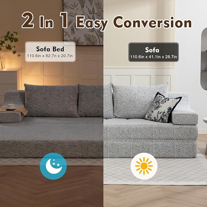 MEISSALIVVE 110.6 Convertible Sleeper Sofa Chair Folding Corduroy Armchair Adjustable Floor Sofa Bed with Removable Pillow No-Assembly Required Living Room Bedroom Apartment (Grey