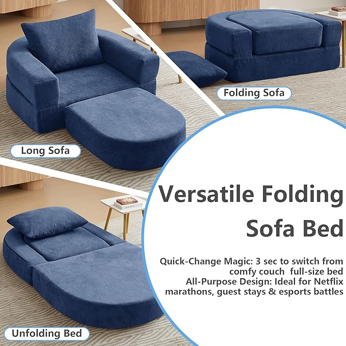 41 Futon Sofa Bed Velvet Futon Couch Convertible Sleeper Floor Sofa Bed Upholstered Couch Reading Chair for Living Room (Blue 41)