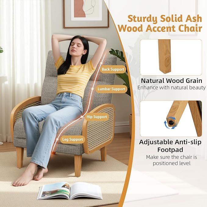 Rattan Accent Chairs Set of 2 Arm Chair with High Resilience Cushion Armchair with Sturdy Ash Wood for Living Room Brownish Gray