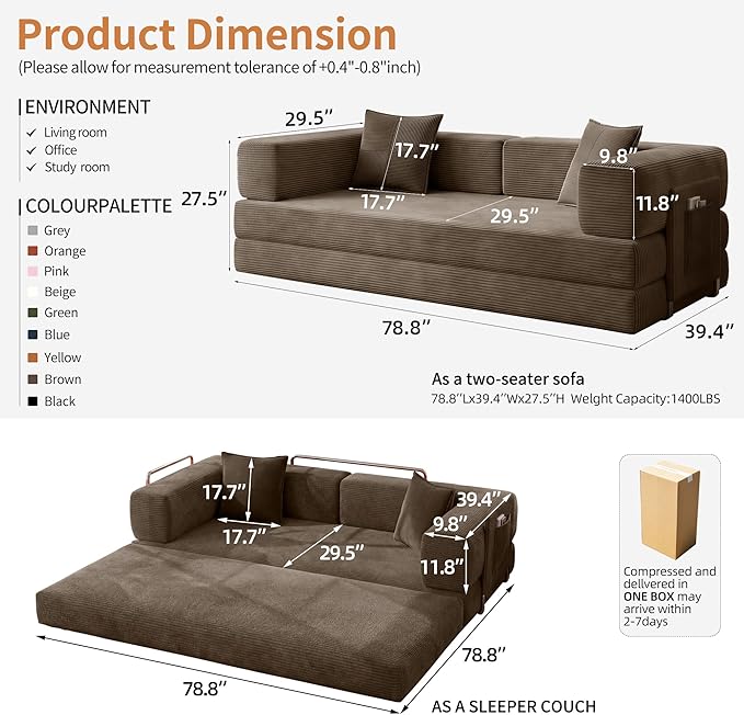 78.8 Convertible Sofa Bed with Armrest Pillow 4-in-1 Sleeper Couch Bed for Livingroom Modular Corduroy Boneless couches No Assembly (Brown)