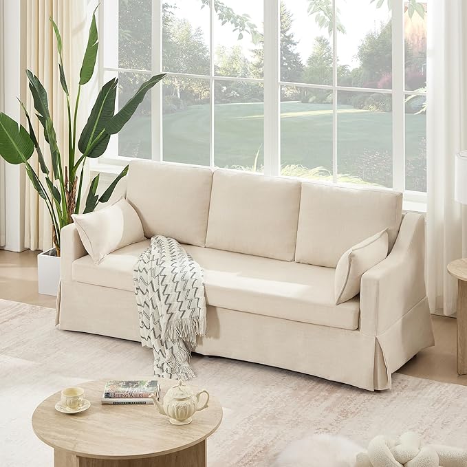Tbfit 80.7 Slipcovered Couch 3 Seater Sofa Vintage Sofas with Removable Cover Pocket Spring Cushion Mini Couches Living Room Furniture for Home Apartment Farmhouse Beige
