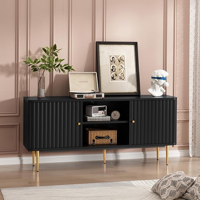 ARTPOWER 55” Fluted TV Stand Mid Century Modern Black TV Stand for 55/60/65 inch TV Entertainment Center with Storage Television Stands TV Console Media Console for Living Room Bedroom (Black)