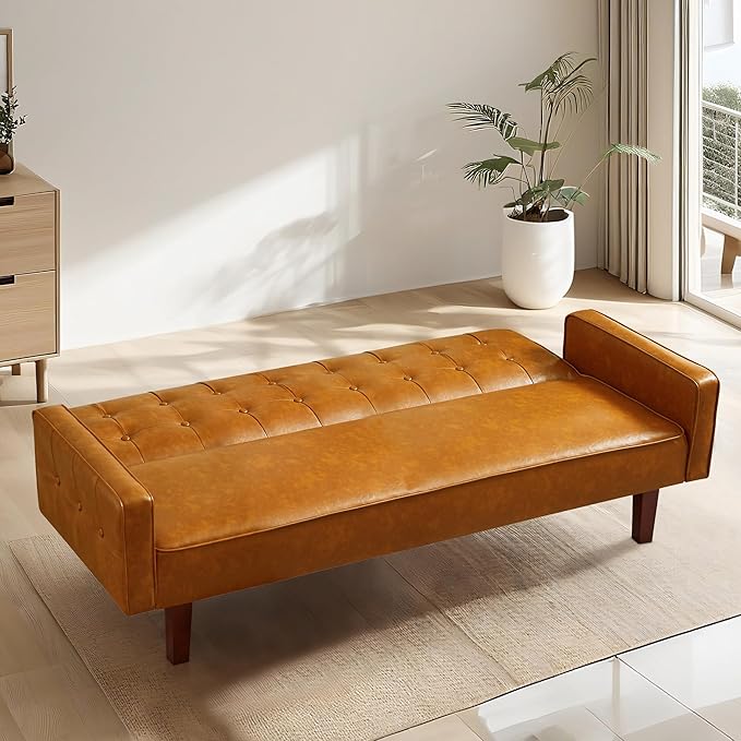 74 Futon Sofa Bed Mid Century Modern Futon Couch Small Sofa Cama Loveseat Small Couches for Living Room Office(Faux Leather Brown)