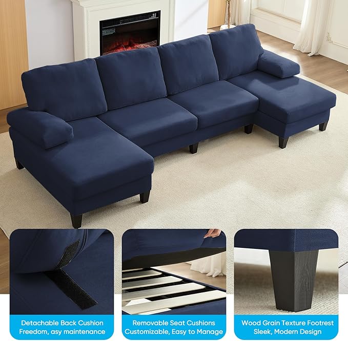 Mjkone 110 Width Sectional Couches with Chaises for Living Room U Shaped Cloud Sofa Couch with Ice Velvet Fabric Minimalist 4 Seater Sofa Set Living Room Sets Furniture for Home Office Blue