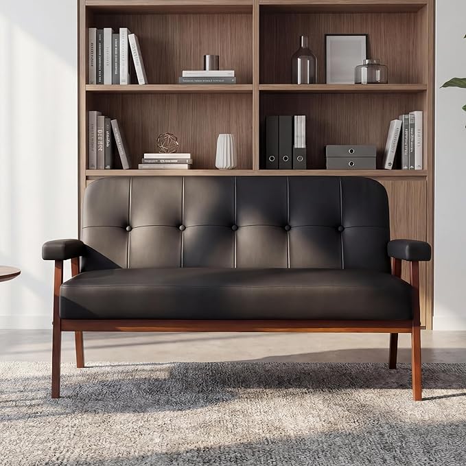 STHOUYN 50”W Black Faux Leather Small Office Couch Loveseat Sofa with Wood Arms Mid Century Modern Love Seat Sofas Lounge Armchair Living Room Bedroom (Black (loveseat))
