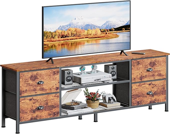 Furologee TV Stand Dresser with 4 Drawers 63 Inch Entertainment Center with Open Shelves Media Console Table for 6570 Inch TV Television Stand for Bedroom Living RoomRustic Brown
