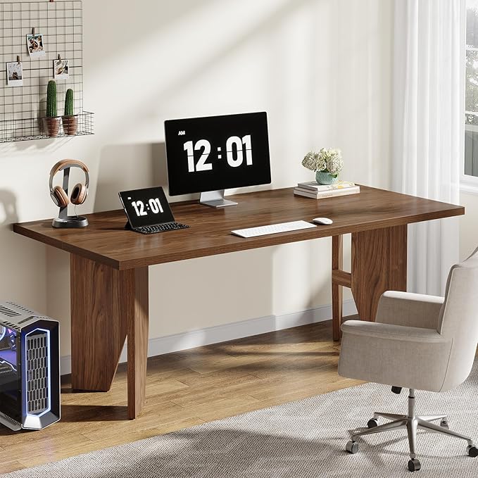 Tribesigns 63 Executive Desk Mid-Century Modern Office Computer Desk with Sturdy Legs Large Wooden Workstation Writing Table Farmhouse Business Furniture for Home Office Brown