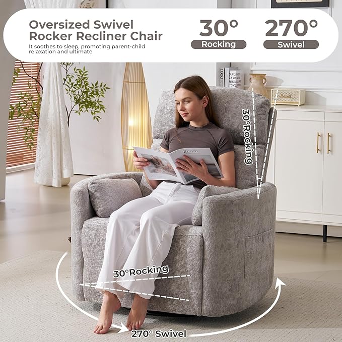 Oversized Swivel Rocker Recliner with Massage and Heat Rocker Nursery Recliner for Adults with Adjustable Headrest 26 Extra Wide Nursery Chair with 2 Pillows Light Grey