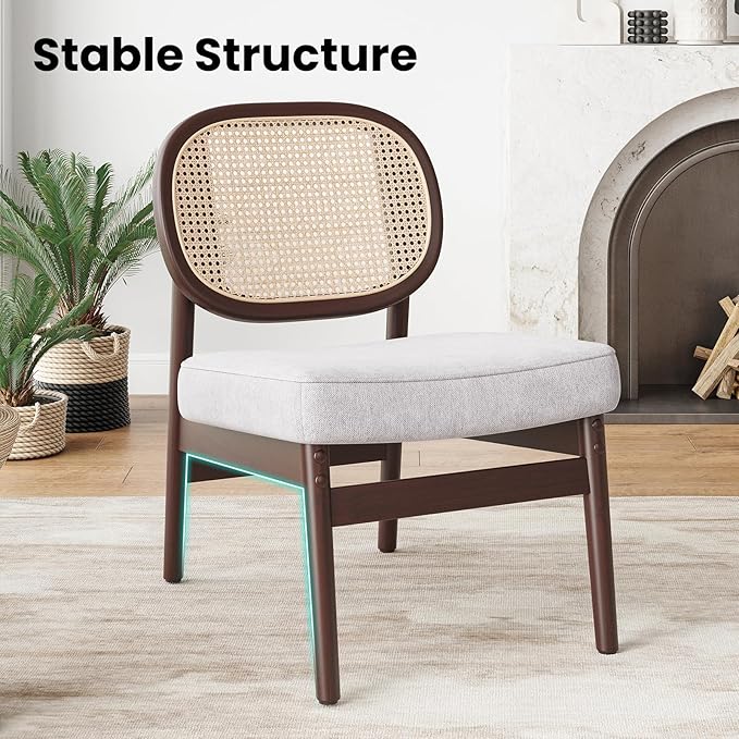 Farini Rattan Accent Chair Upholstered Living Room Chair with Rattan Back &amp Wood Frame Mid-Century Modern Reading Chair for Living Room Bedroom Beige