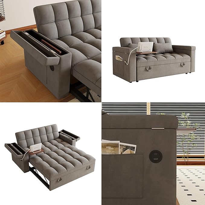 65 Convertible Sleeper Sofa Bed with Storage Modern Velvet Loveseat Pull-Out Couch with USB and Table Board Small Love Seat Lounge Sofa w/Adjustable Backrest Pillows Pockets for Living Room
