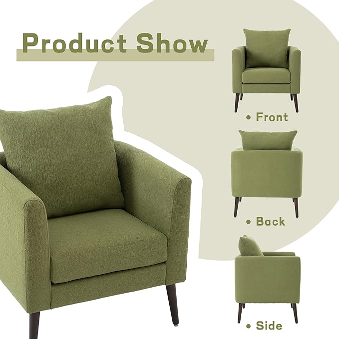 Modern Accent Chair Fabric Armchair Chair with Waist Pillow Upholstered Arm Chair with Solid Wood Legs Padded Single Chair for Living Room Bedroom Study Olive Green