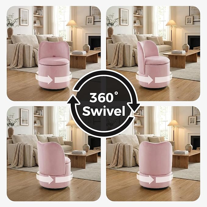 Velvet Vanity Chair with Storage 360° Swivel Makeup Chair with Back Modern Swivel Accent Stool Barrel Chair Upholstered Ottoman Vanity Stool with Back for Bedroom Dressing Living Room Pink