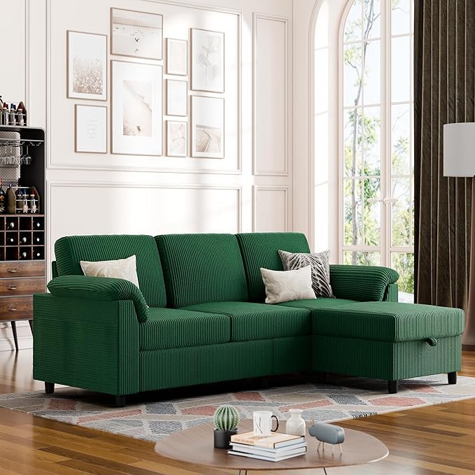 Vongrasig Convertible Sectional Couch 3 Seat L Shaped Sofa with Removable Pillows Linen Fabric Small Modern Couch Mid Century for Living Room Apartment and Office Green