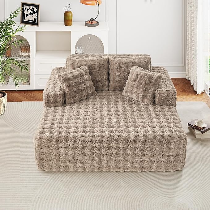 56 W Oversized Chaise Lounge Chair IndoorPlush Faux Fur Sleeper Couch Sofa Bed with PillowsFluffy Comfy Cloud SofaCompression Foam Boneless Couch for Living RoomBedroom(Bubble Brown)