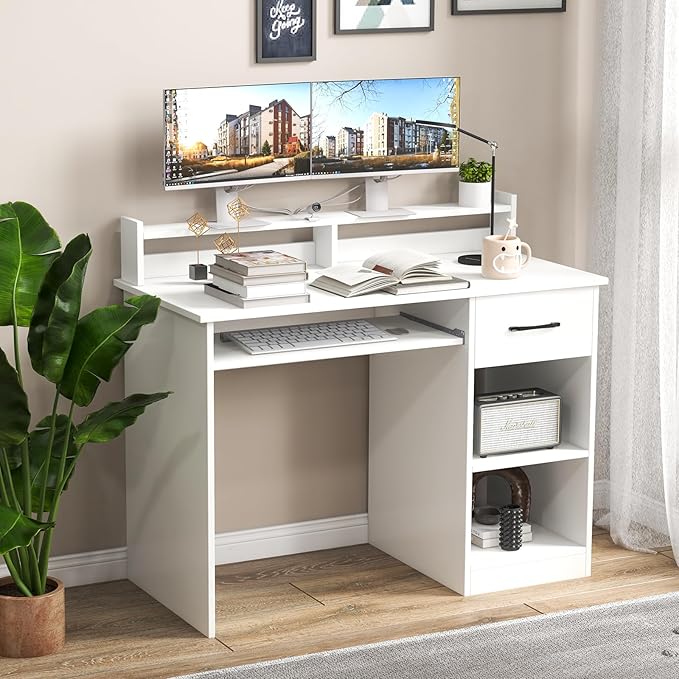 HAPPYGRILL Computer Desk with Monitor Stand Home PC Office Desk with Keyboard Tray Drawer &amp CPU Stand Study Writing Desk Home Workstation Desk with Display Shelf