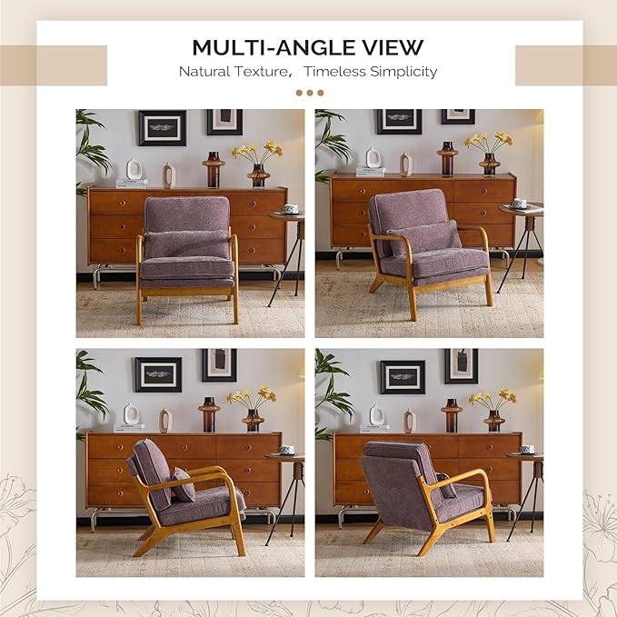 VINGLI Chenille Mid-Century Modern Accent Chair Cute Reading Arm Chair with Cushion &amp Lumbar Pillow &amp Solid Wood Frame for Lounge Living Room Reading Room Bedroom Light Purple