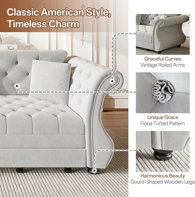 KEIKI 97.6 Chesterfield Sleeper Sofa with Pull Out Bed for Guests Oversized Velvet Couch with Rolled Arms &amp Tufted Upholstery for Hosting