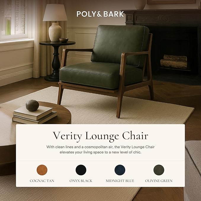 Poly &amp Bark Verity Leather Accent Chair – Armchair with Walnut Wood Frame – Fashion-Forward Lounge Seating for Living Room – Upholstered in Olivine Green Leather for Modern Style