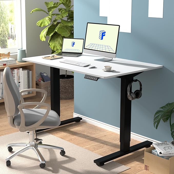 FLEXISPOT EN1 One-Piece Standing Desk with 1-Inch Thick Desktop 48x24 Electric Height Adjustable Desk for Home Office &amp Multi-Device Workstations White