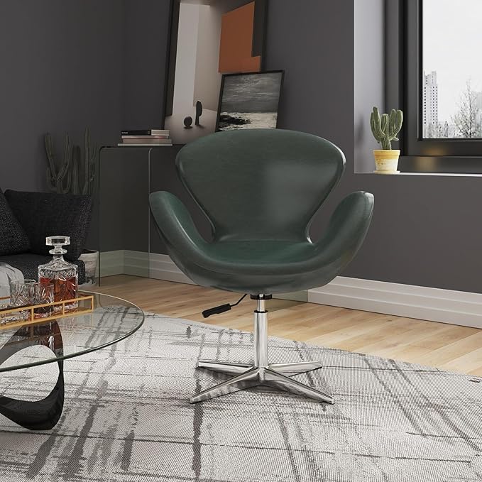 Manhattan Comfort Raspberry Adjustable Swivel Accent Chair Set of 2 with 360° Turn Polished Chrome Base Modern Retro Design Ideal for Living Room and Home Office Forest Green Faux Leather