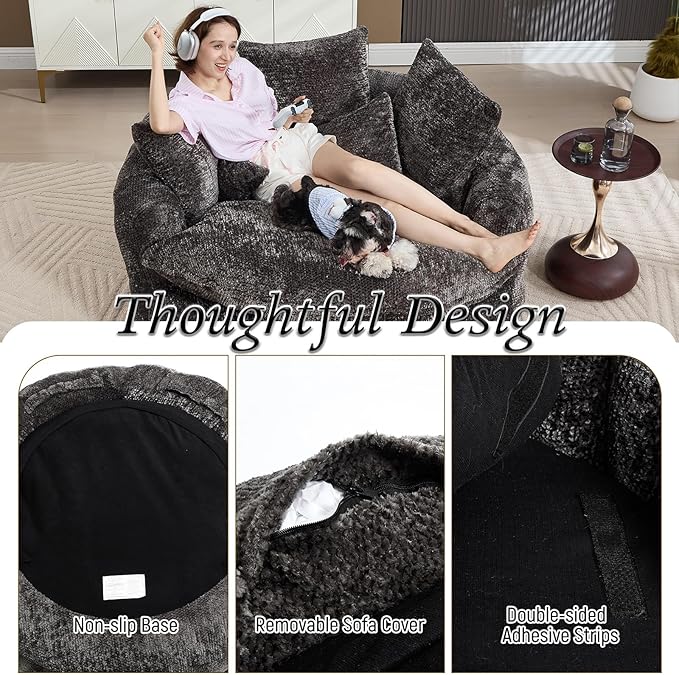 54 Oversized Round Chair Couch Lounge Chaise Indoor Comfy Boneless Sofa for Living Room Cloud Large Circle Couch Chair with 5 Pillows Fluffy Modern Sleeper Sofa Bed for Reading (Dark Grey)