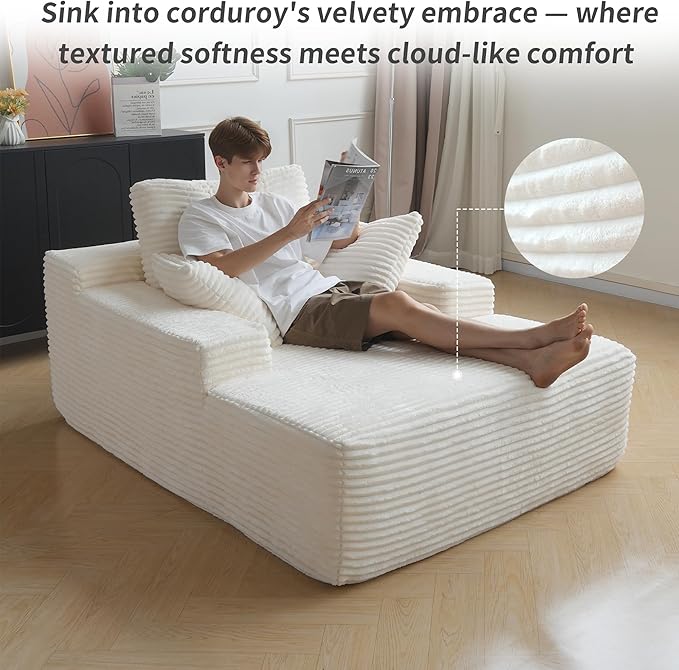 WJShome Oversized Chaise Lounge Chair Indoor Plush Corduroy Boneless Sofa Bed Cloud Reading Chair with Throw Pillow for Living Room (White)