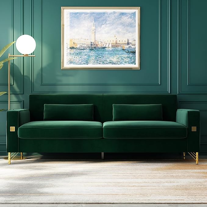 85 Velvet SofaMid-Century Modern Chesterfield 3 Seat Comfy Couch with Pillows Set of 2 for Living RoomBedroomApartment Furniture with Gold Metal Legs (P18-Green)