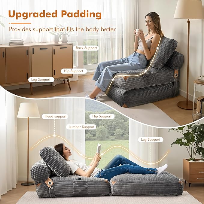 Folding Sofa BedComfy Sleeper Chair Foldable Mattress with Pillow &amp Back SupportPortable Fold Out Chair Bed Floor Convertible Lounge Sofa Couch for Living Room Bedroom (Grey)