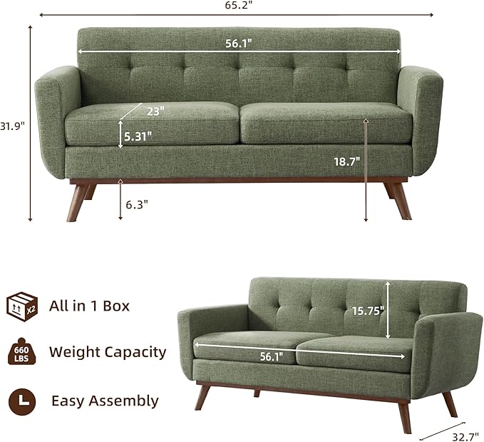 Kingfun 65.2 W Loveseat Sofa Mid Century Modern Decor Love Seat Couches for Living Room Button Tufted Upholstered Furniture Solid &amp Easy to Install Small Couch for Bedroom Office Apartment Gr