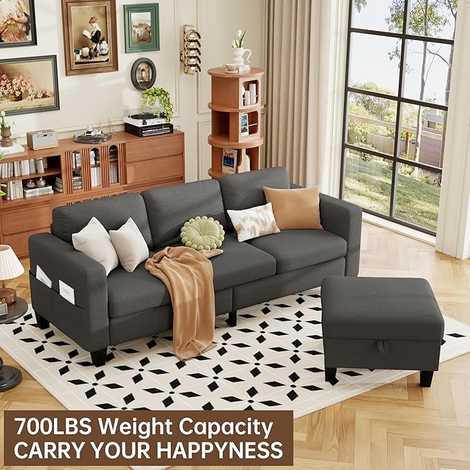 ZeeFu Sectional Sofa Couch with Storage Ottoman 78 L Shaped Modular 3 Seater Couches for Living Room Modern Linen Fabric Set for Small Space Apartment Office