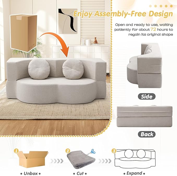 Folding Futon Sofa Bed Modern Convertible Fold Out Chenille Cloud Memory Foam Boneless Floor Lounge Loveseat Sleeper Mattress Sofa Couch with 2 Pillows for Guest Room Living Room Office Beige