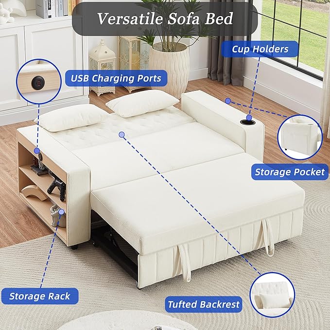61.4 Pull-out Sofa Bed Convertible Sleeper Sofa Bed with Adjustable Backrest Cup Holders Storage Rack Handy Side Pockets Two Lumbar Pillows Modern Loveseat Sofa for Living Room (Beige/132)